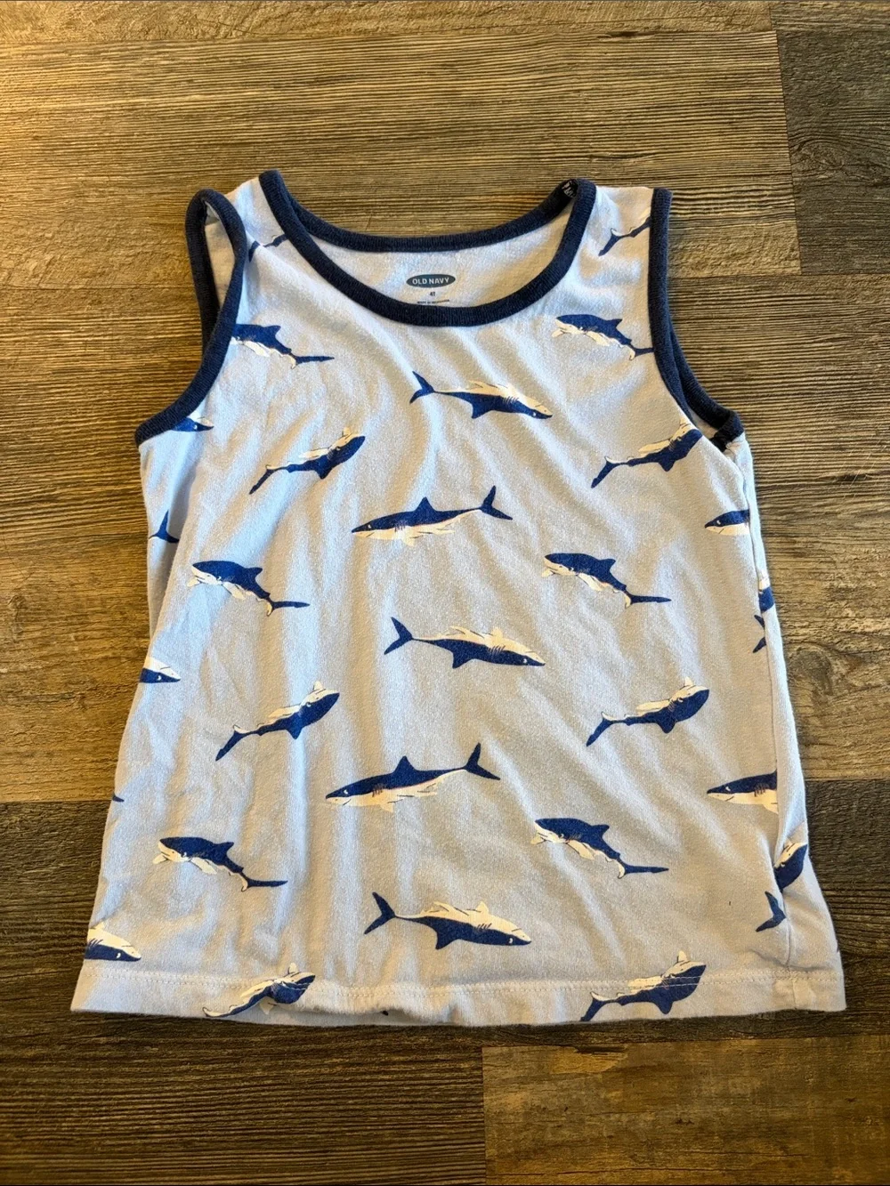 Old Navy Light Blue Tank Top with Navy Shark Print